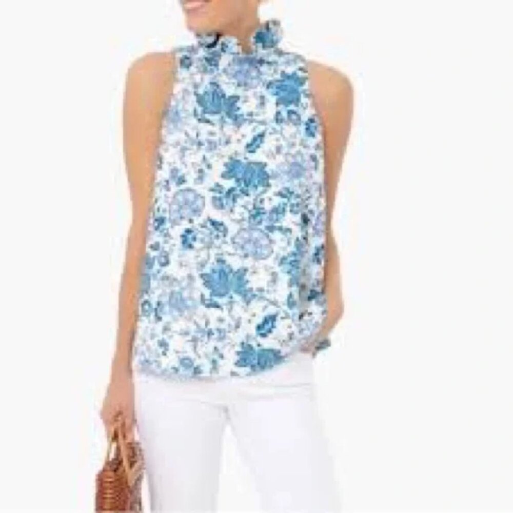 Tuckernuck Mason Blue Floral Chintz High Ruffle Neck Blouse with Tie Back - Picture 2 of 9